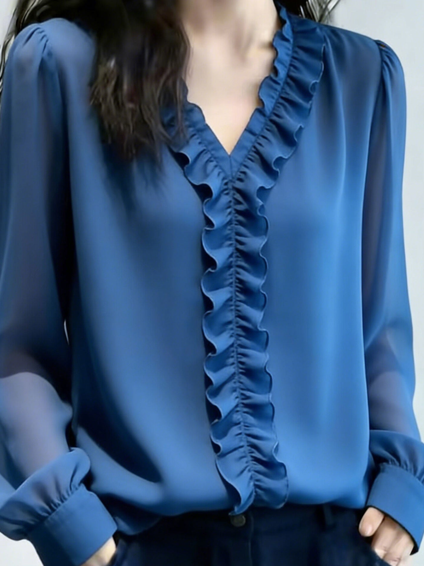 Graceful V-Neck Long Sleeve Blouse With Ruffle Trim