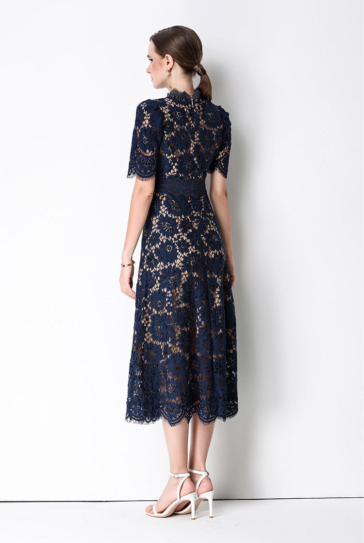 Floral Lace Mock Neck Short Sleeve Midi Dress