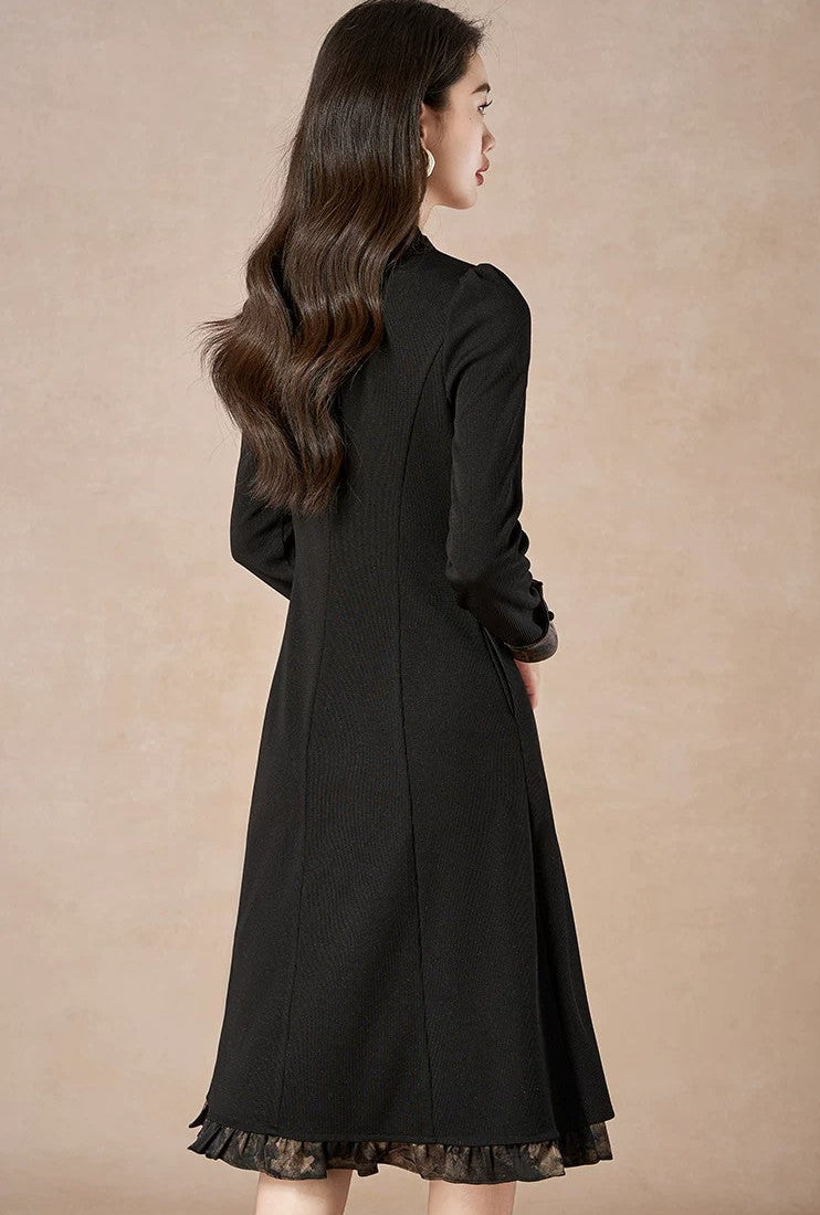 Vintage Black Long Sleeve A-Line Midi Dress with Printed Bow Tie & Trim