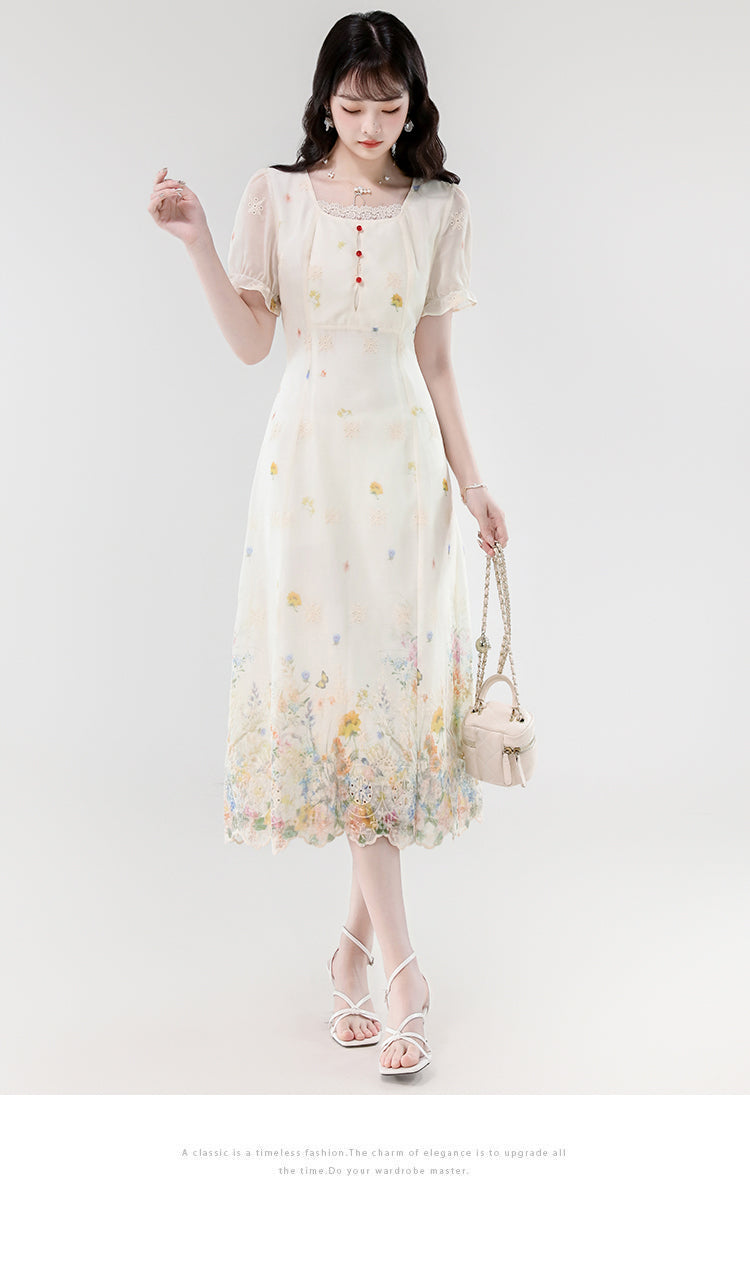 Vintage Cream Wildflower Embroidery Chiffon Midi Dress