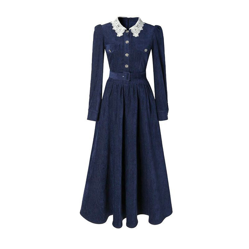 Vintage Dark Denim Midi Dress with Lace Collar & Belt