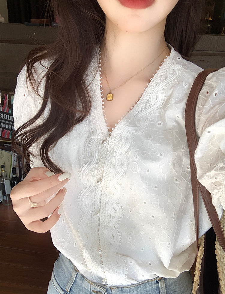 Vintage Eyelet Lace V-Neck Blouse