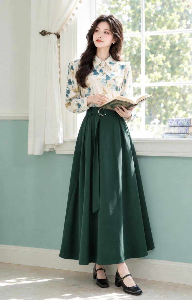 Vintage Floral Blouse & Forest Green Belted Midi Skirt Set