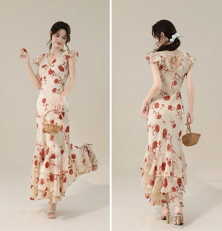 Vintage Floral V-Neck Ruffle Maxi Dress