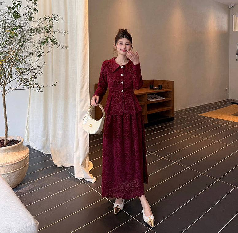 Vintage Gemstone-Button Lace Peplum Top & High-Waist Maxi Skirt Co-Ord