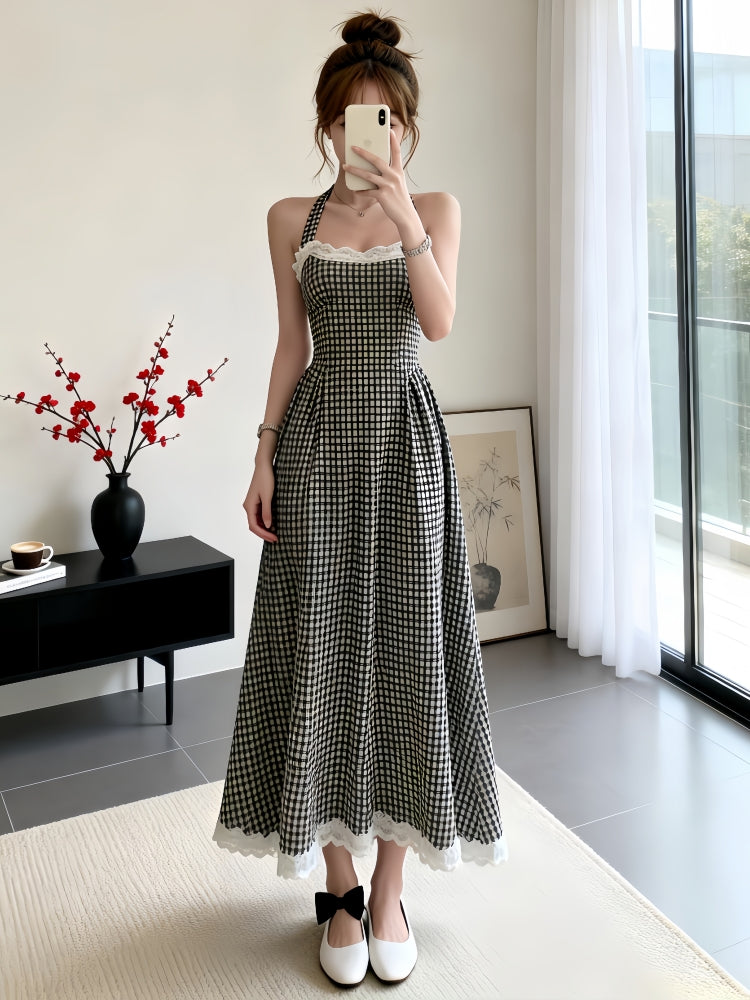 Vintage Style Halter Gingham Dress with Lace Bottom