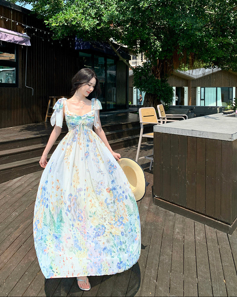 Watercolor Floral Chiffon Tie-Shoulder Maxi Dress