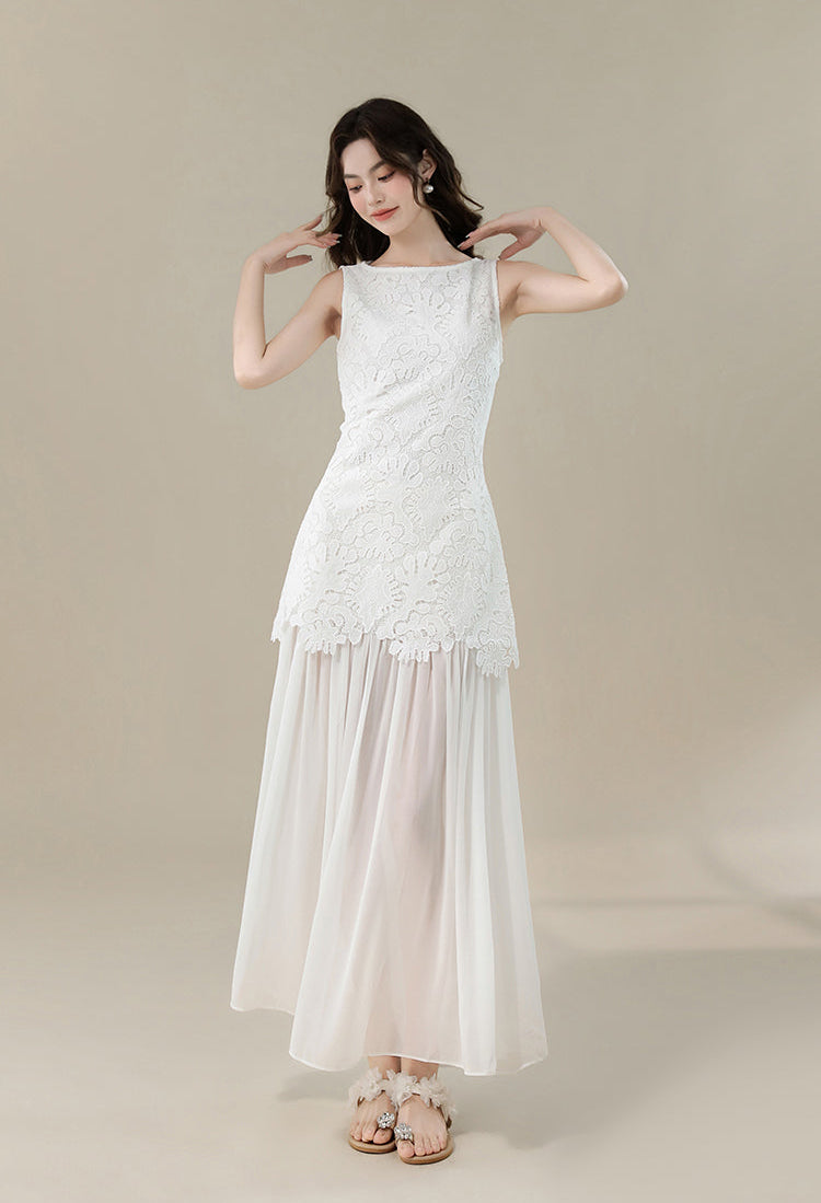 White Floral Lace Sleeveless Maxi Dress With Sheer Hem