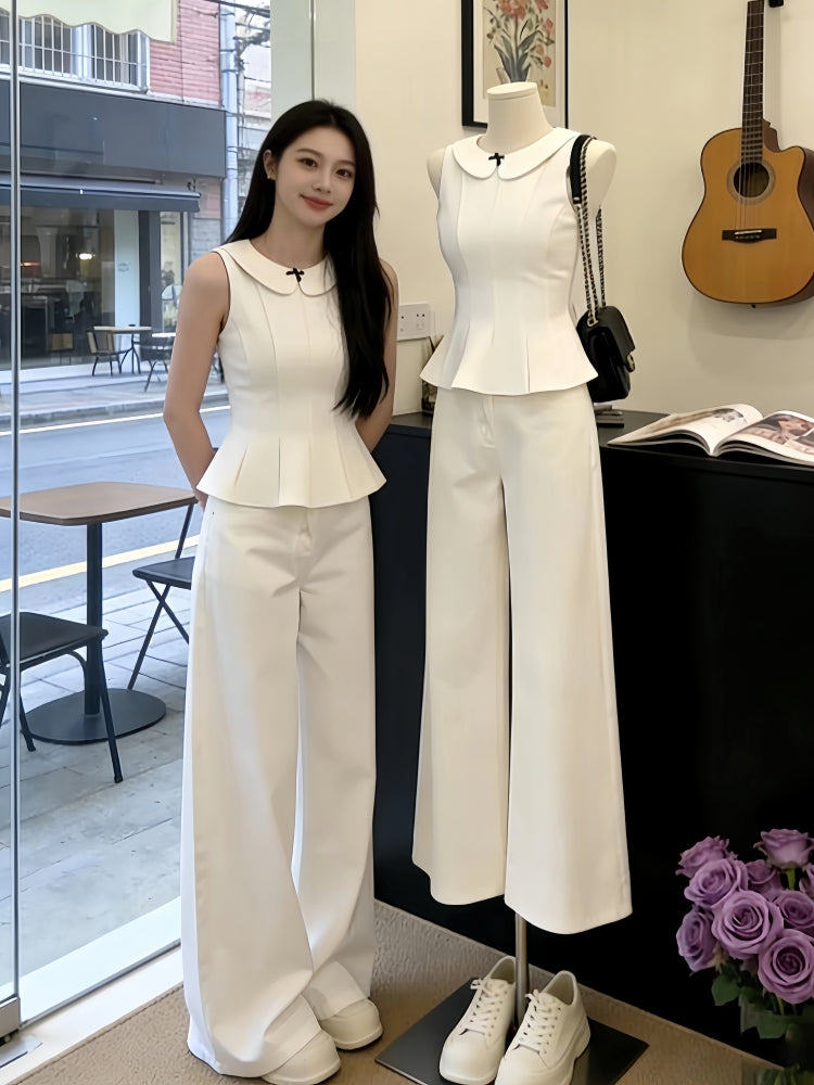 Sophisticated White Peplum Sleeveless Top & Wide-Leg Trouser Set