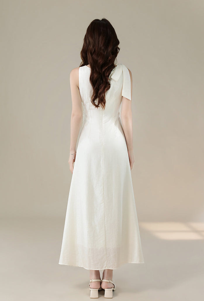 White One-Shoulder Bow Midi Dress