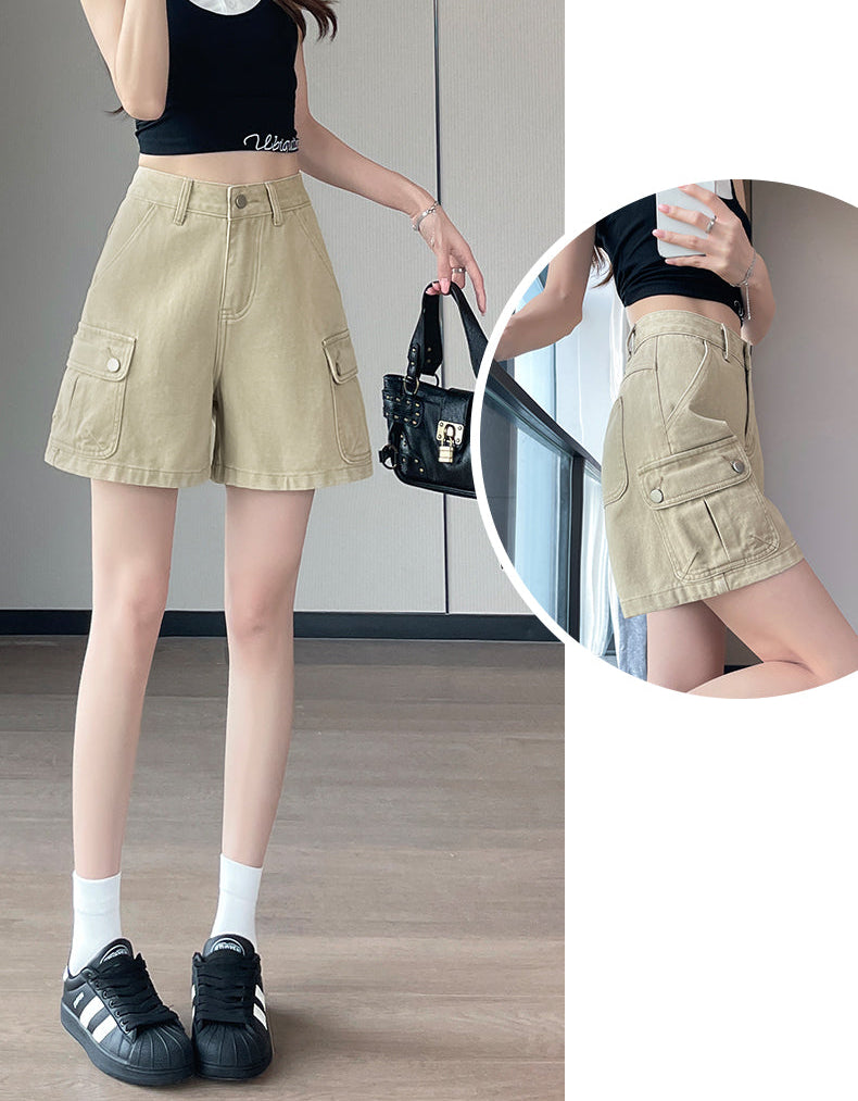 Women's High-Waist Cargo Denim Shorts β Loose Fit A-Line Utility Shorts with Side Pockets