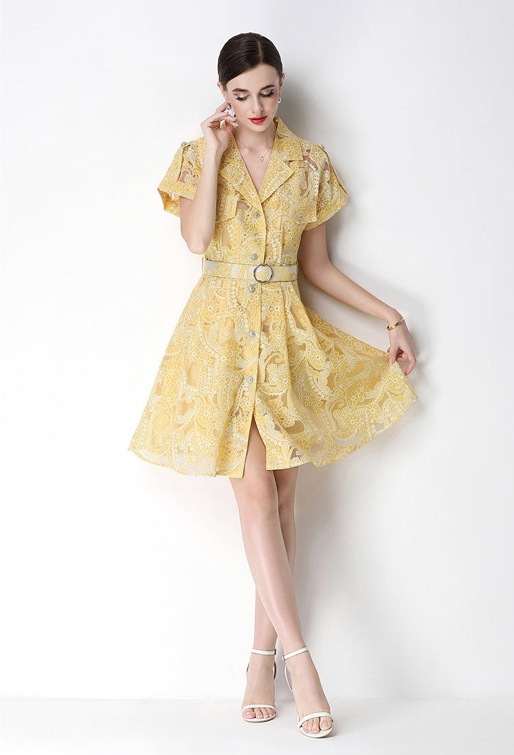 Retro Notch-Lapel Lace Mini Shirt Dress