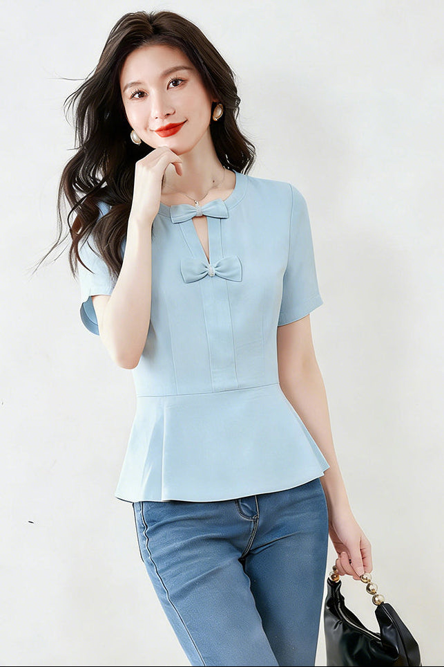 Short Sleeve Bow-Front Keyhole Peplum Top