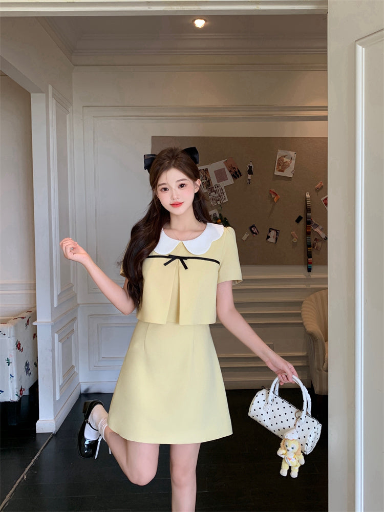Yellow Chanel-Style Sweet Round Neck Short-Sleeved Mini Dress