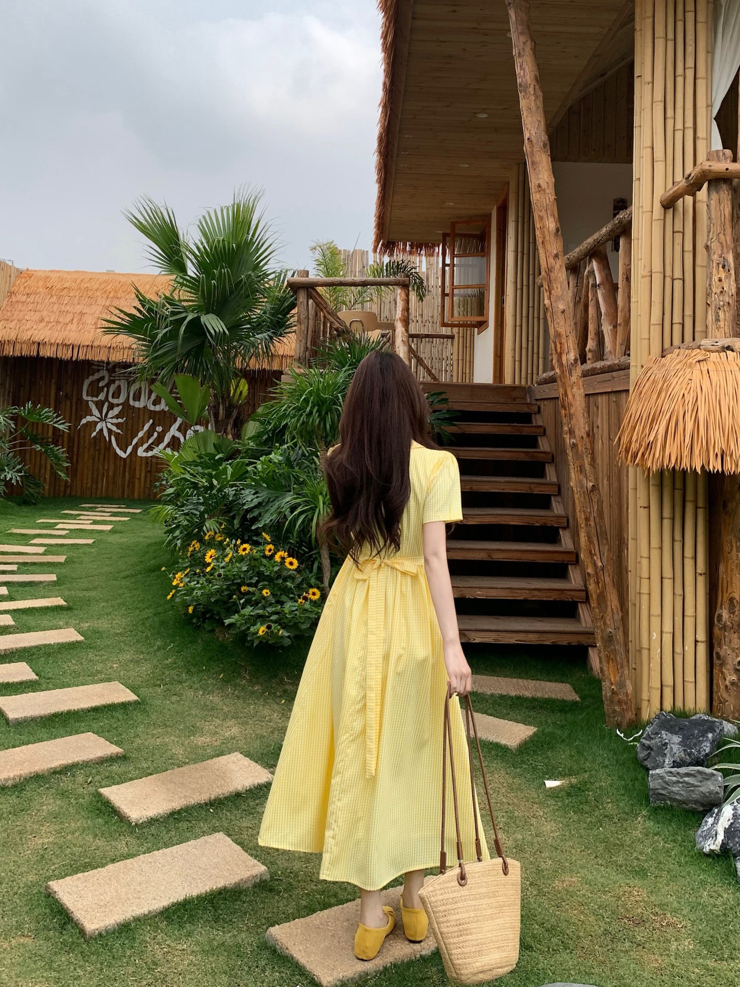 French Style Butter-Yellow Button-Down Tea Dress