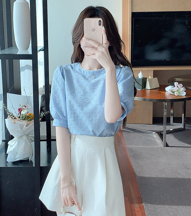 Aurelia Pearl-Trimmed Jacquard Puff Sleeve Blouse