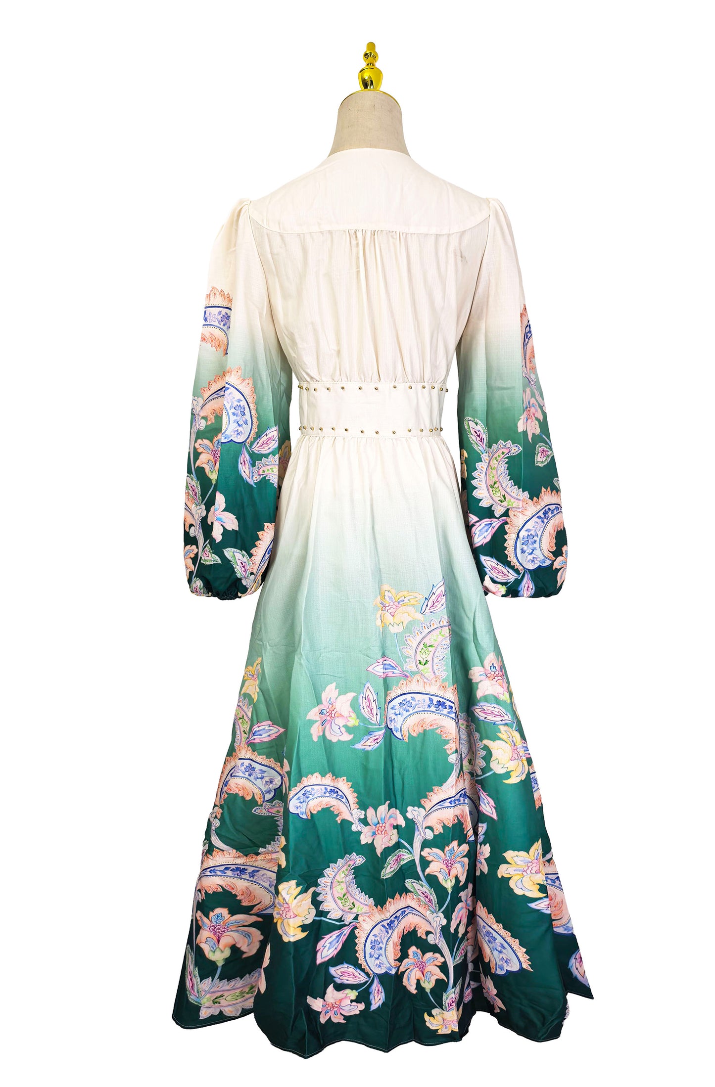 Jewel-Tone Dip-Dye Lantern Sleeve Resort Dress