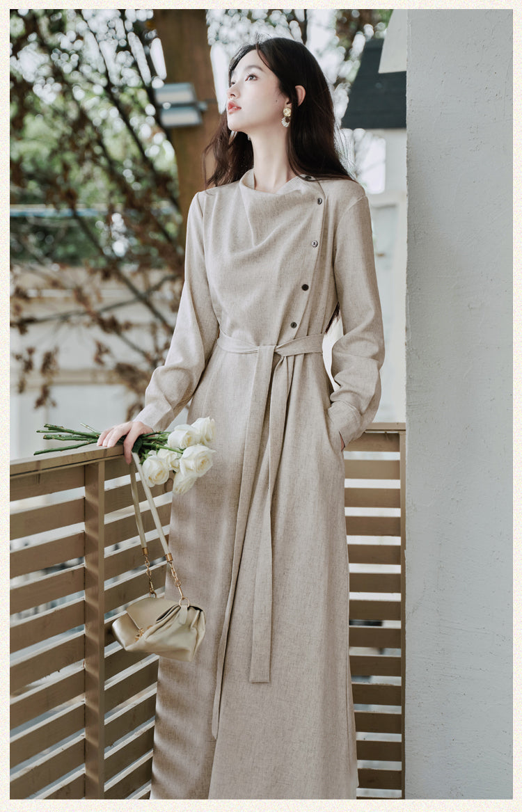 Beige Asymmetric Button-Up Maxi Dress With Long Sleeve Linen-Look Minimalist Gown
