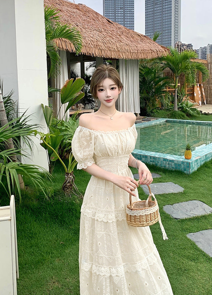 Elegant Embroidered Eyelet Tiered Maxi Dress with Puff Sleeves and Ruched Bust