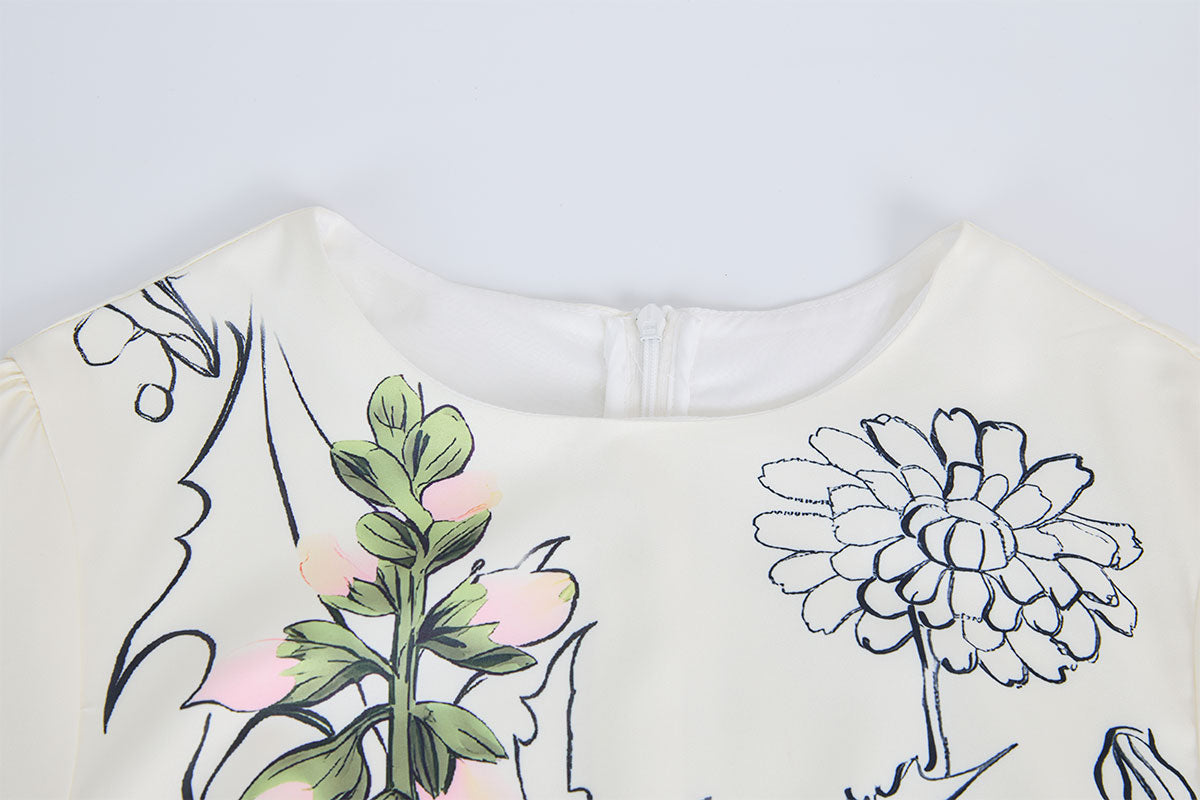 Floral Sketch Pleated A-Line Midi Dress