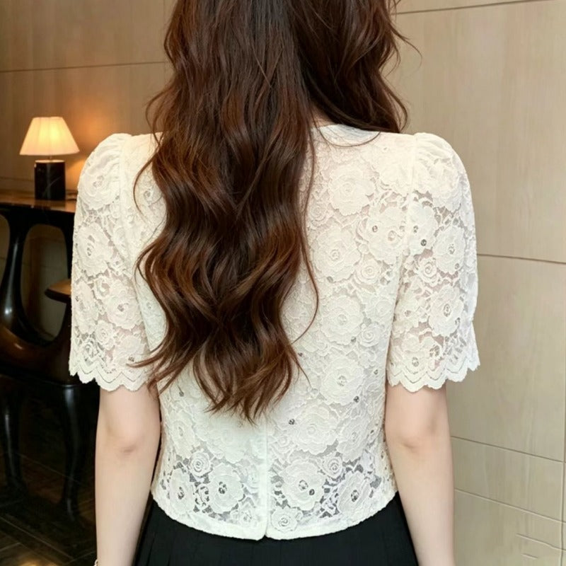 Floral Lace Short Sleeve Blouse with 3D Rose Buttons
