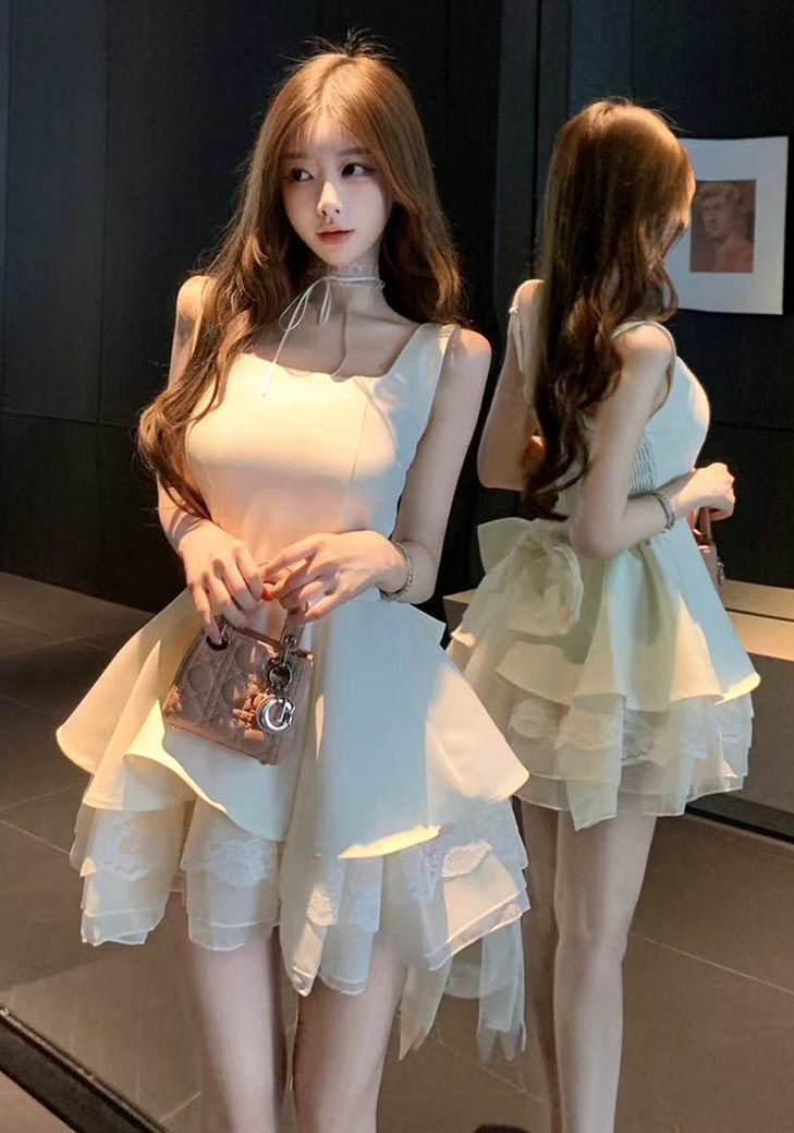 Fairycore Tiered Ruffle Mini Dress with Lace Trim