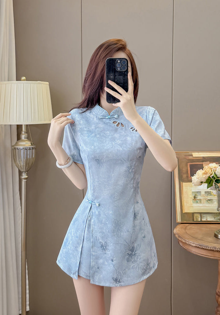 Blossom Modern Chinese Collar Mini Dress with Cutout Detail