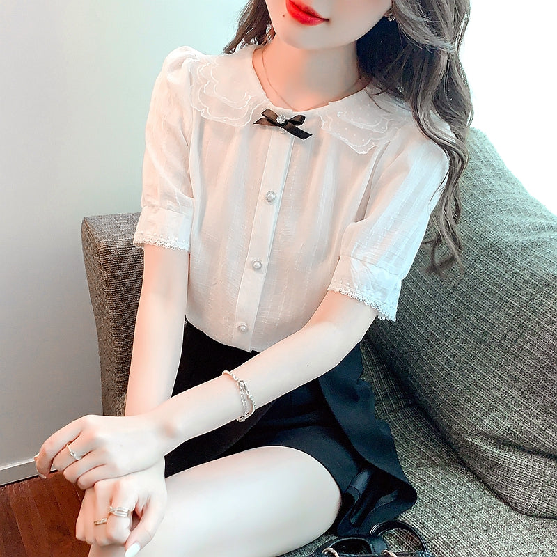 White Peter Pan Collar Blouse with Bow & Pearl Buttons