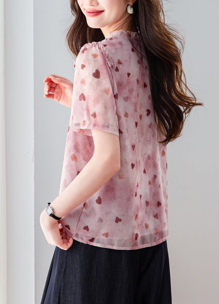 Elegant Sheer Heart Pattern Tunic - Short Sleeve Ruffle Neck Blouse for Women