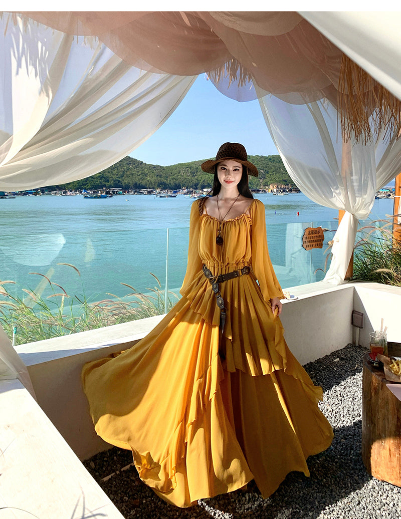 Wild Honey Yellow Boho-Chic Tiered- Long-Sleeve Maxi Dress