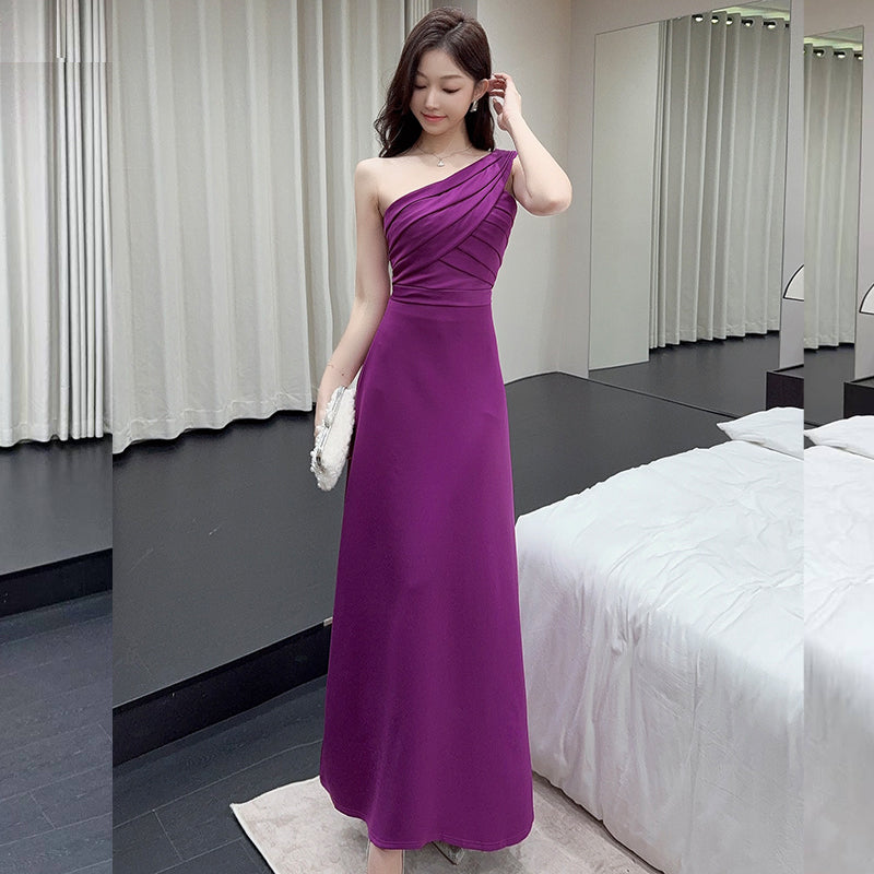 One-Shoulder Ruched Pleat Maxi Gown