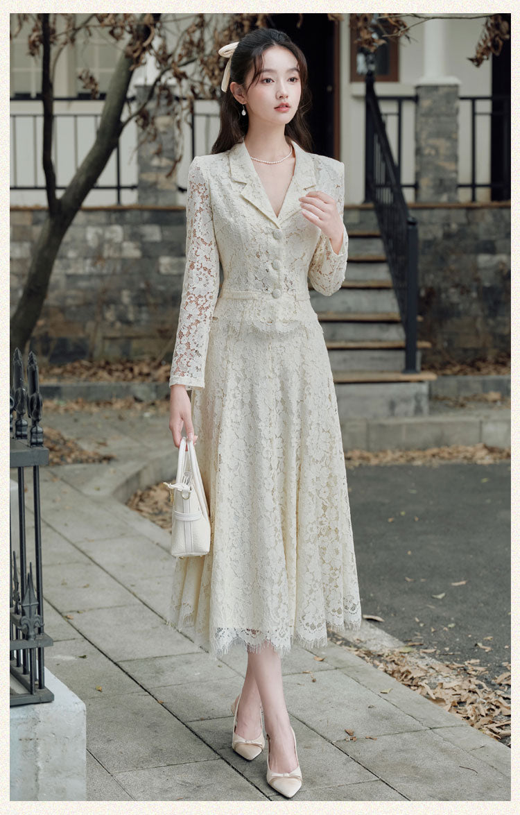 Victoria Lace Blazer & Eyelash Hem Midi Skirt Set