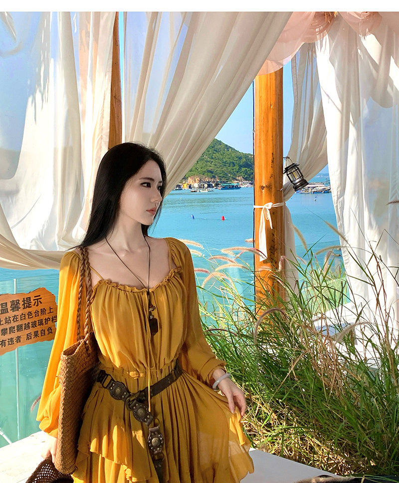 Wild Honey Yellow Boho-Chic Tiered- Long-Sleeve Maxi Dress