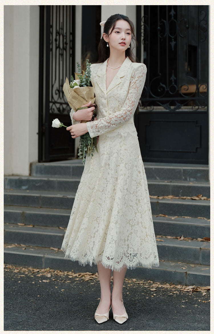 Victoria Lace Blazer & Eyelash Hem Midi Skirt Set