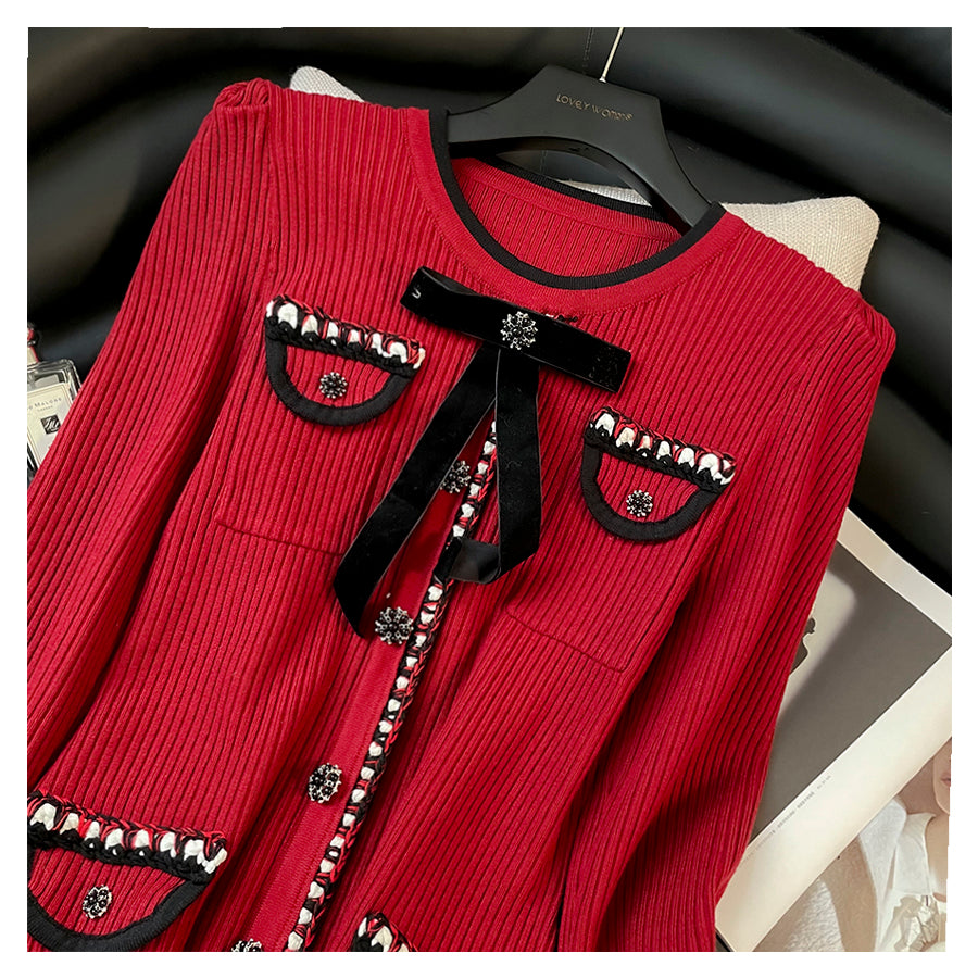Long Sleeve Button- Down Knit Dress In Crimson
