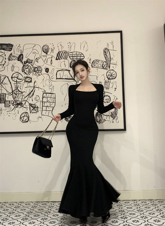 Elegant Black Knit Mermaid Maxi Dress