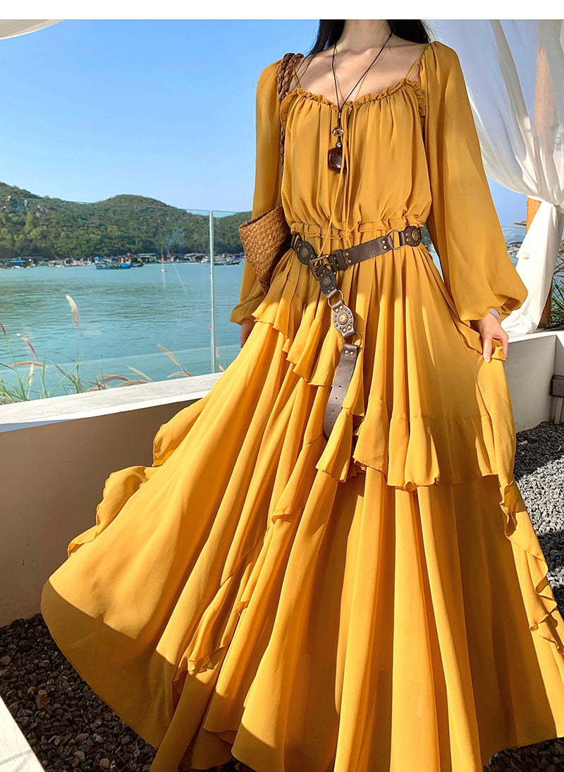 Wild Honey Yellow Boho-Chic Tiered- Long-Sleeve Maxi Dress