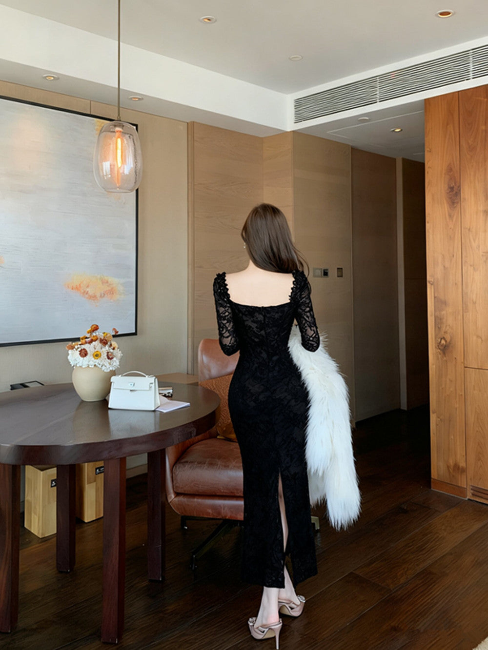 Elegant Floor - Length Lace Gown - Sophisticated Square Neck Evening Maxi Dress