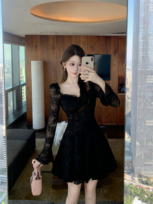 Vintage French Lace Mini Dress- Elegant Long Sleeve Fairycore Party Dress