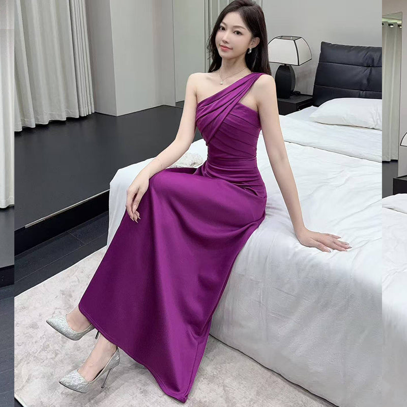 One-Shoulder Ruched Pleat Maxi Gown