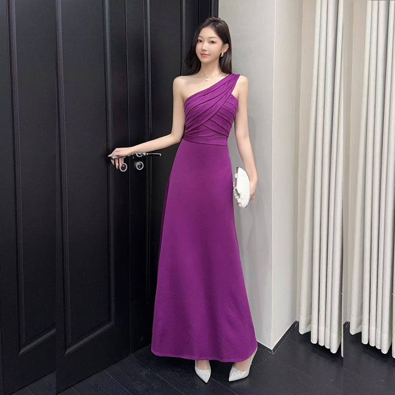 One-Shoulder Ruched Pleat Maxi Gown