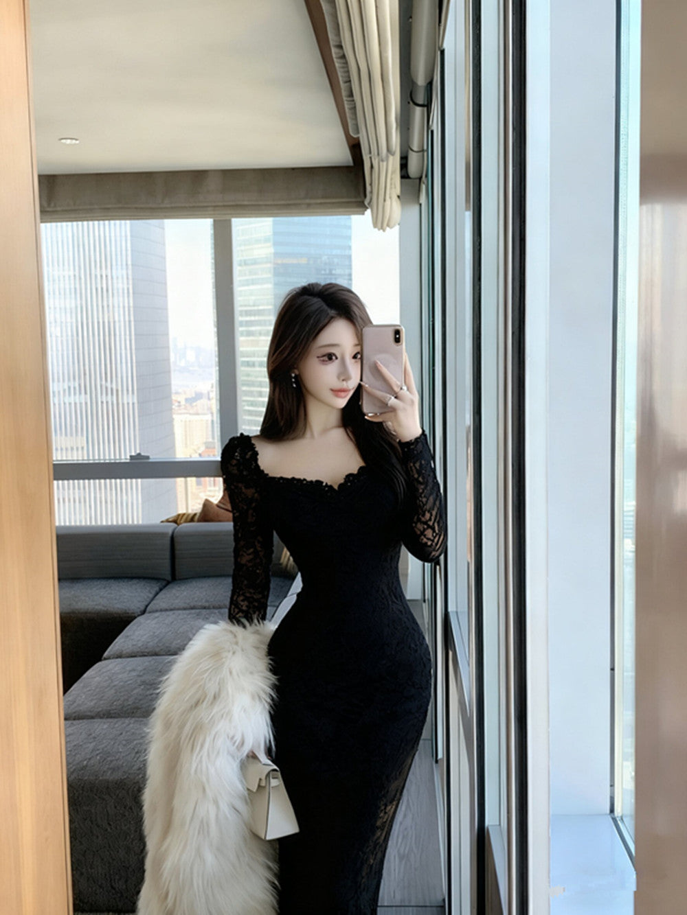 Elegant Floor - Length Lace Gown - Sophisticated Square Neck Evening Maxi Dress