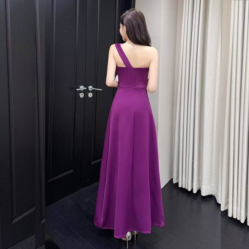 One-Shoulder Ruched Pleat Maxi Gown