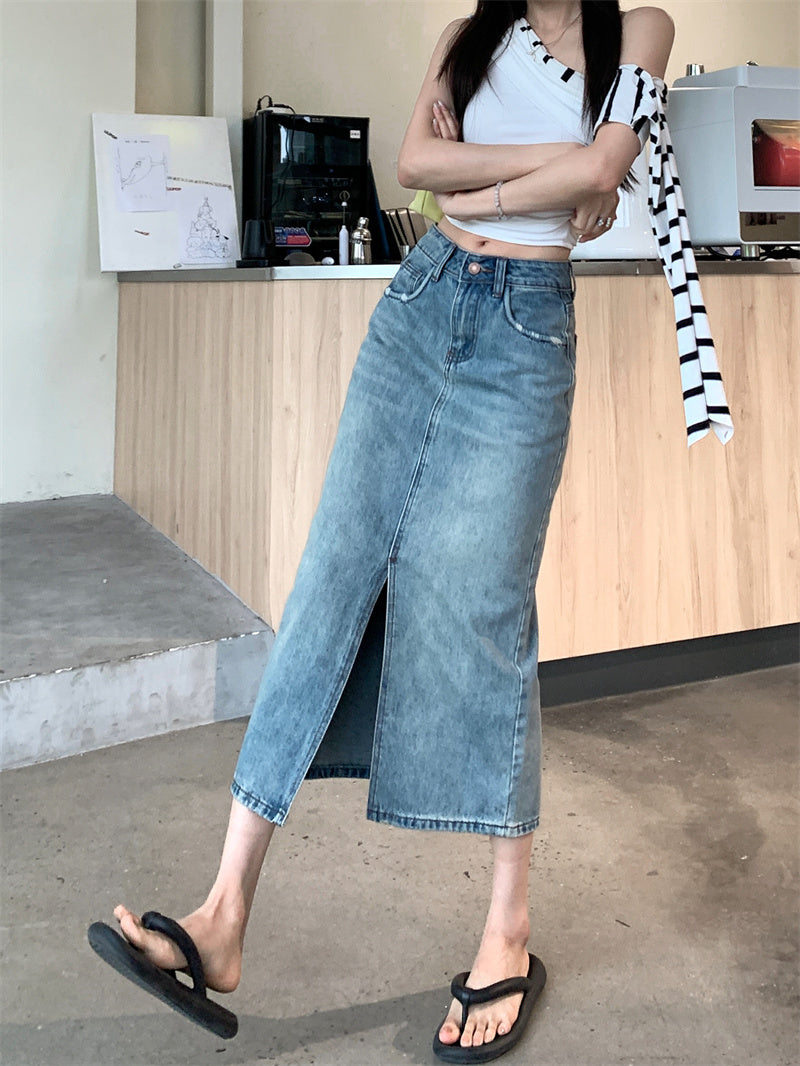 High-waisted Slit Denim Midi Skirt
