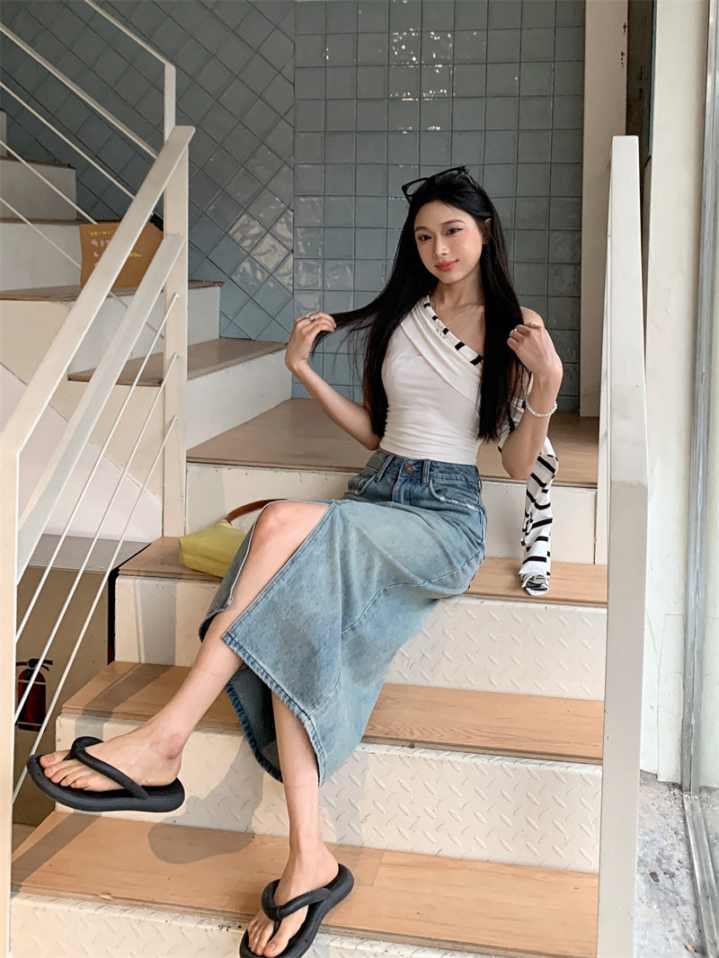 High-waisted Slit Denim Midi Skirt