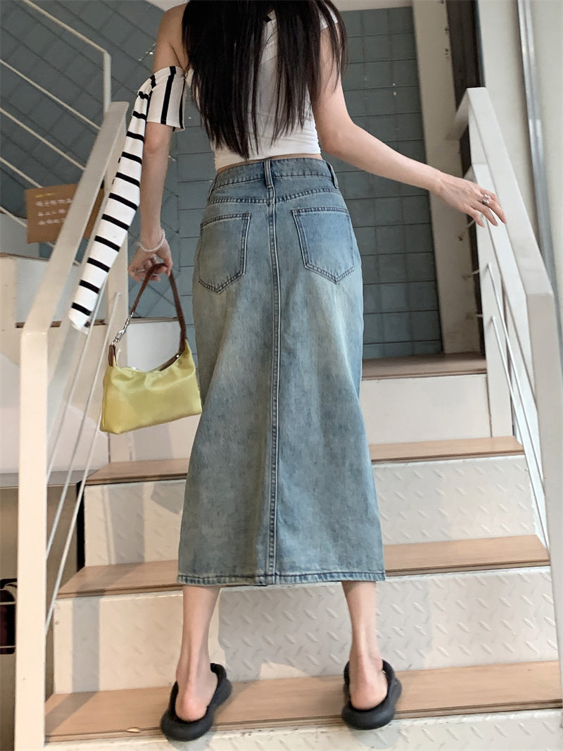 High-waisted Slit Denim Midi Skirt