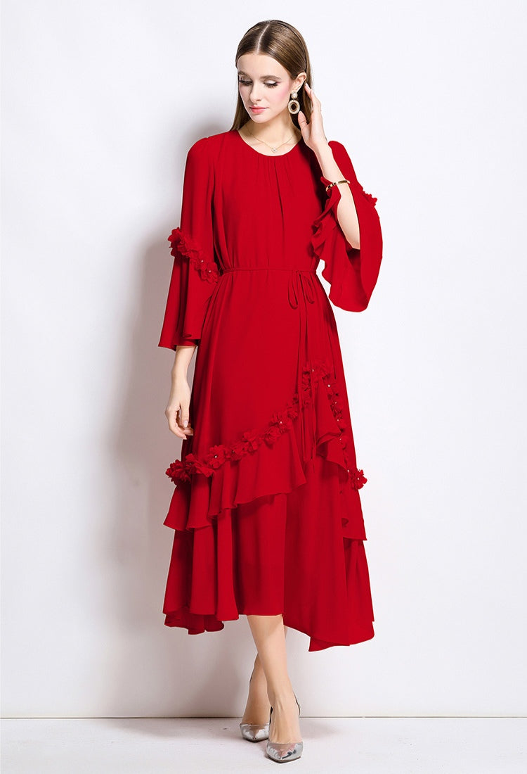 3D Floral Irregular Round Neck Loose Chiffon Long Dress
