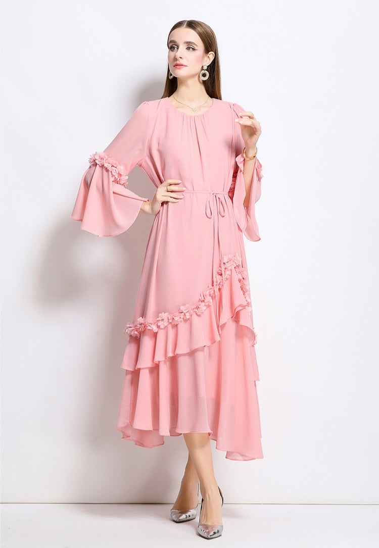 3D Floral Irregular Round Neck Loose Chiffon Long Dress