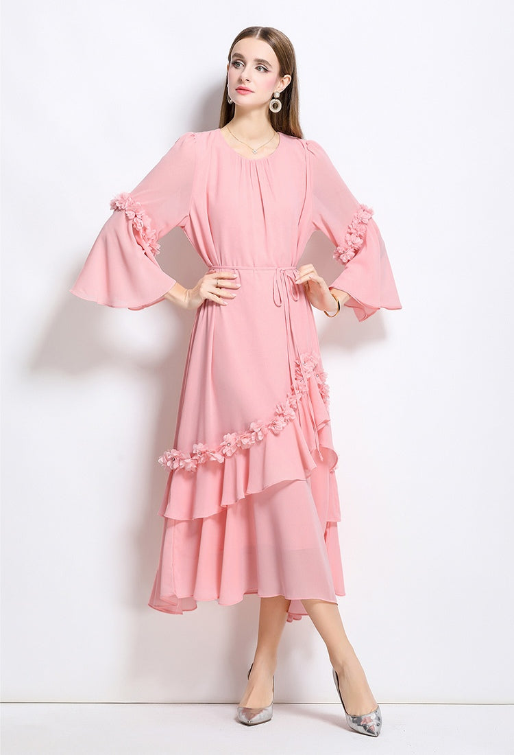 3D Floral Irregular Round Neck Loose Chiffon Long Dress