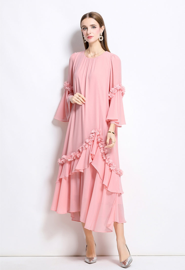 3D Floral Irregular Round Neck Loose Chiffon Long Dress